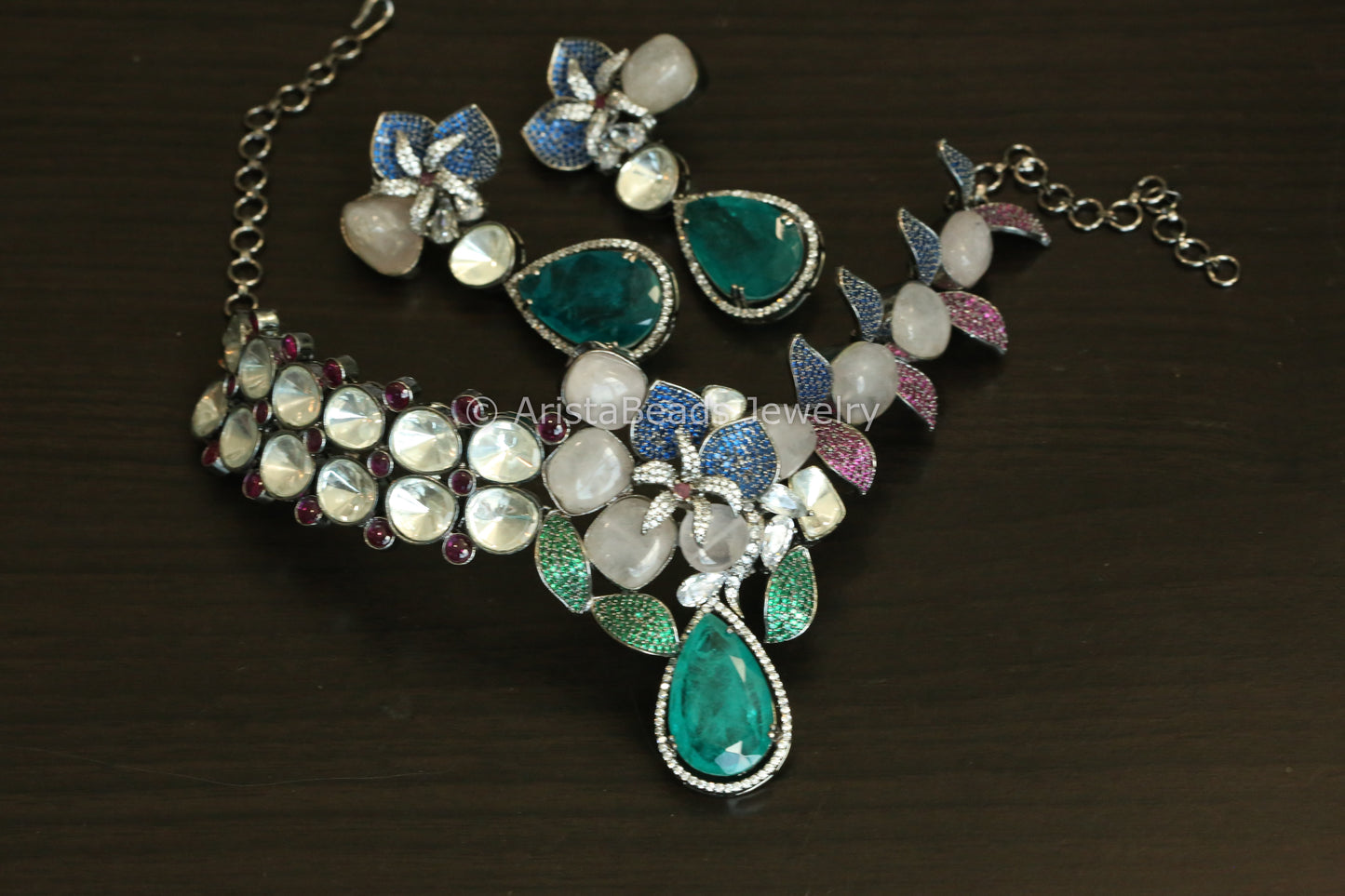 Designer Rose Quartz, Fine CZ & Polki Choker Set - Teal Blue