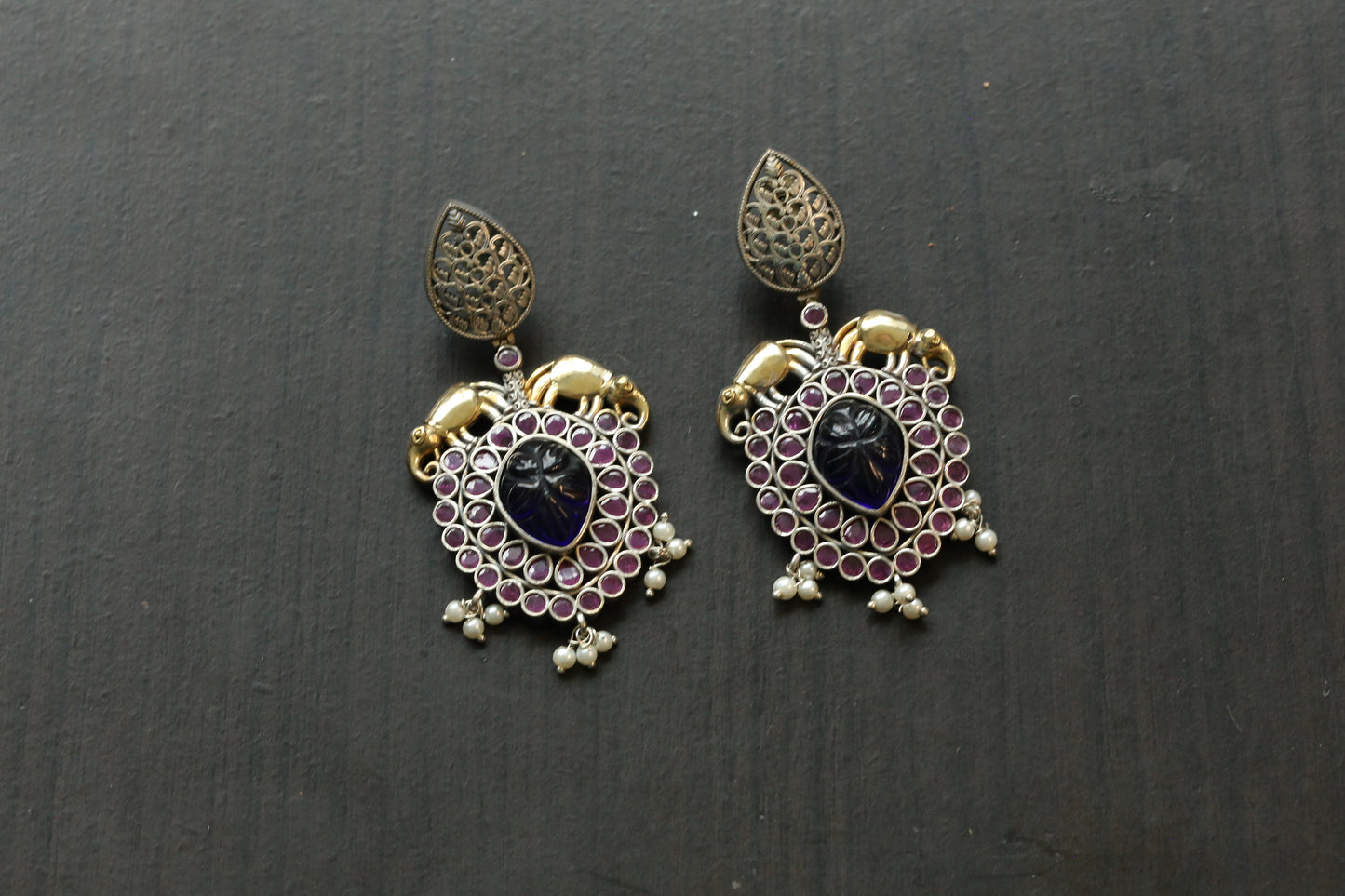 Carved Stone Dual Tone Earrings - Ruby Blue