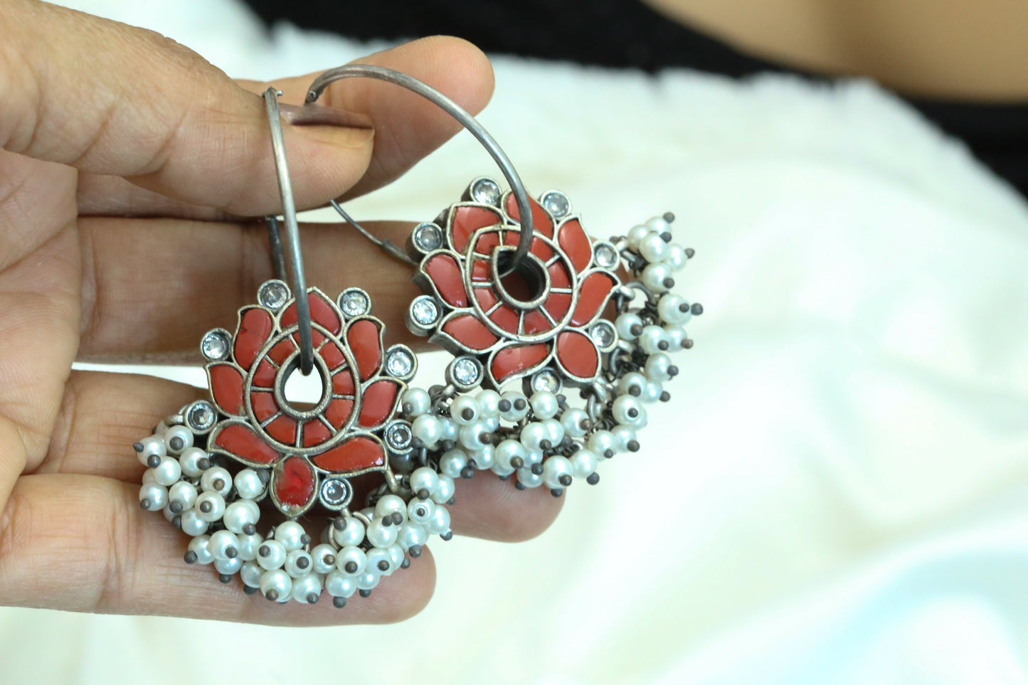 Jadau Kundan Hoops Earrings - Coral