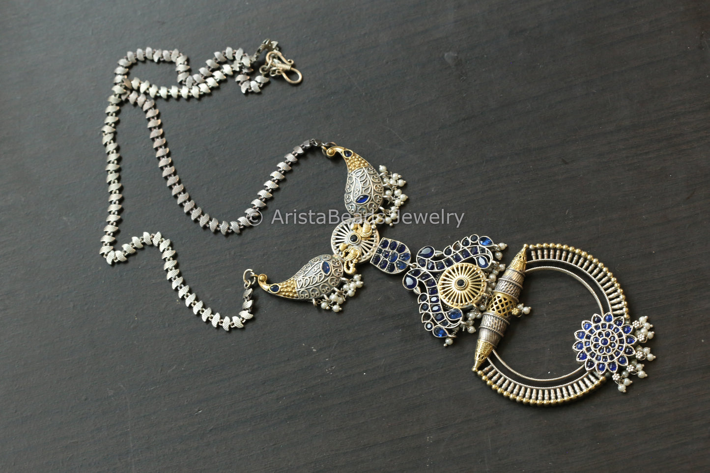 Long Dual Tone Brass Necklace  - Blue