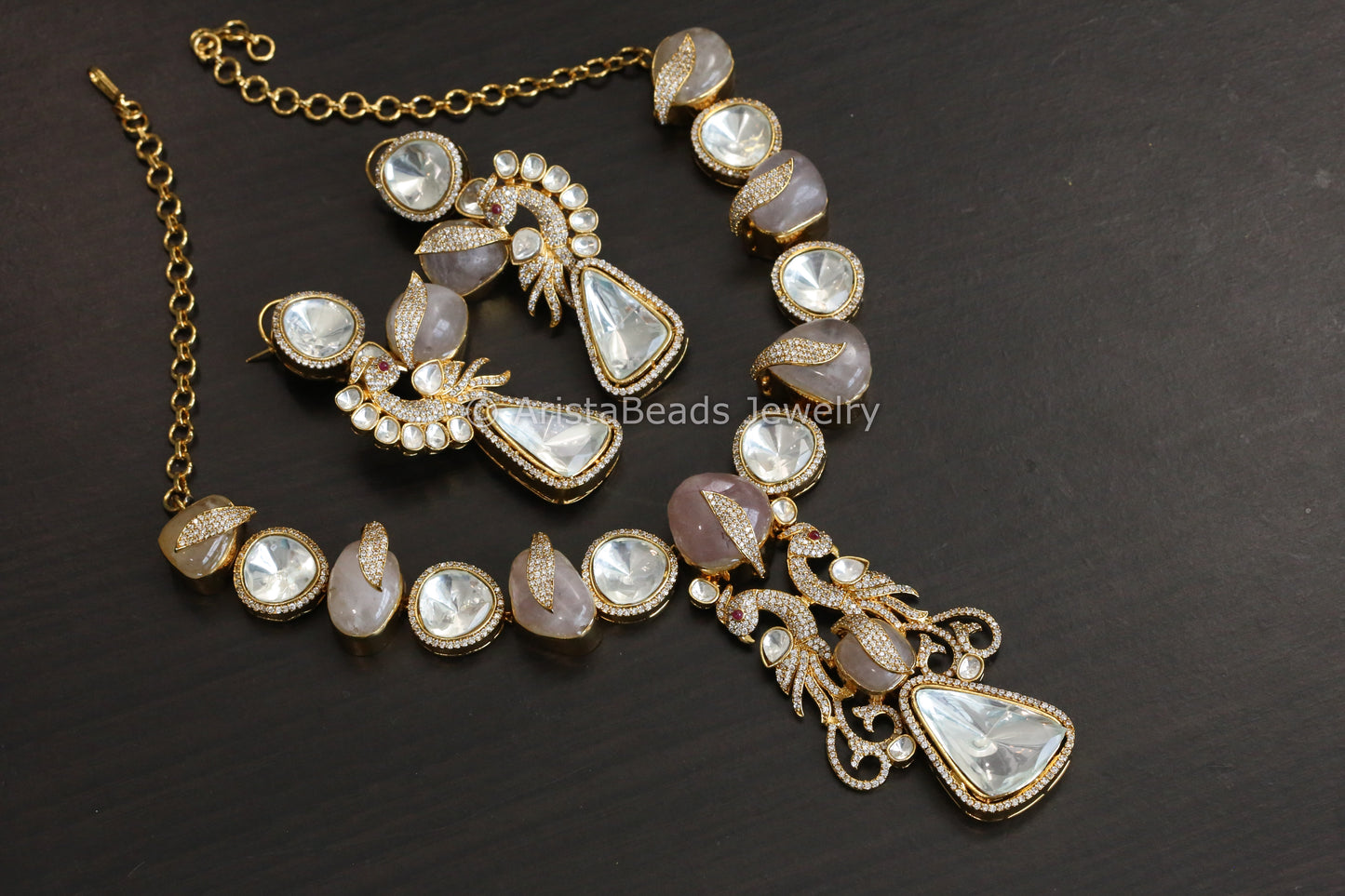 Designer Rose Quartz, Fine CZ & Polki Necklace Set