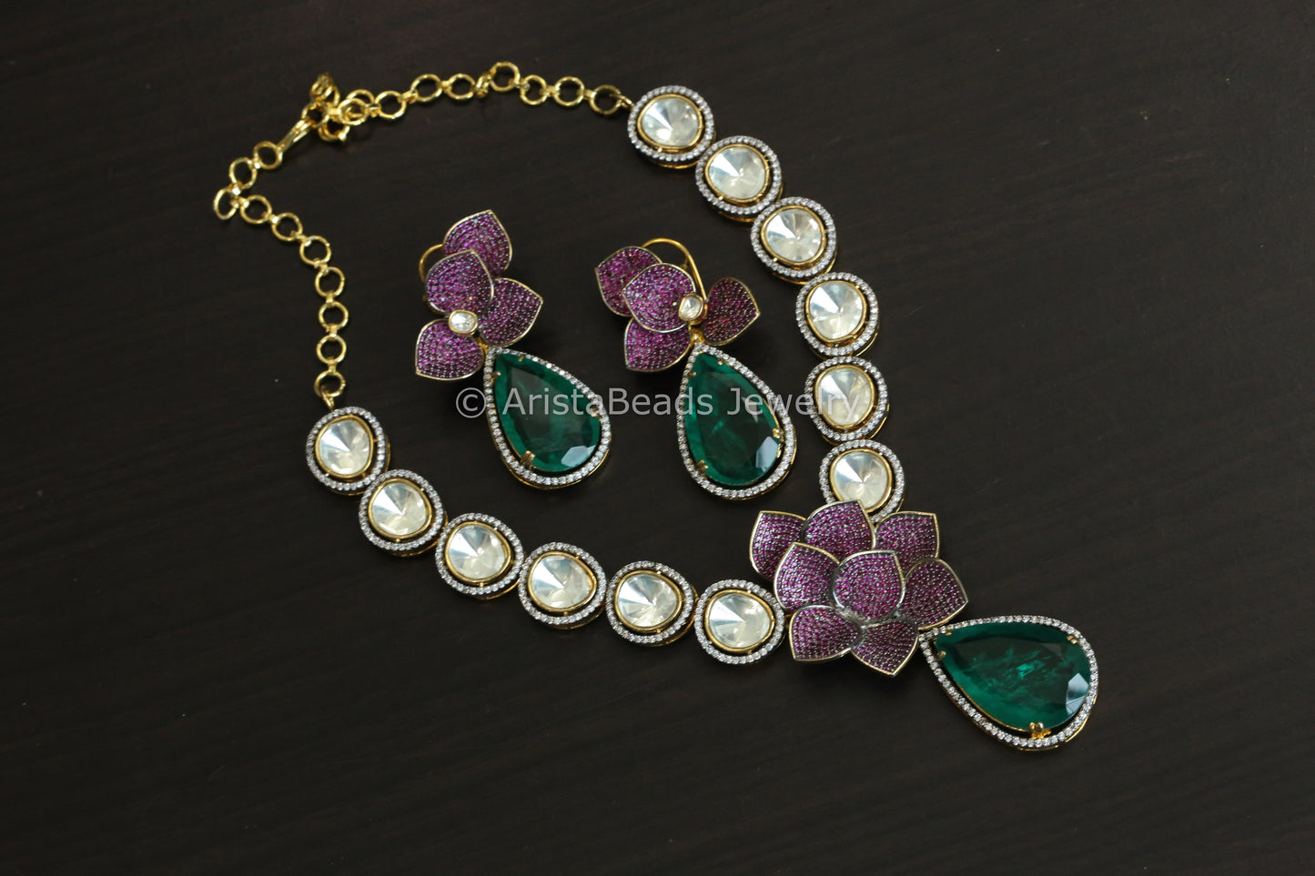 Designer Green Doublet, Fine CZ & Polki Necklace Set