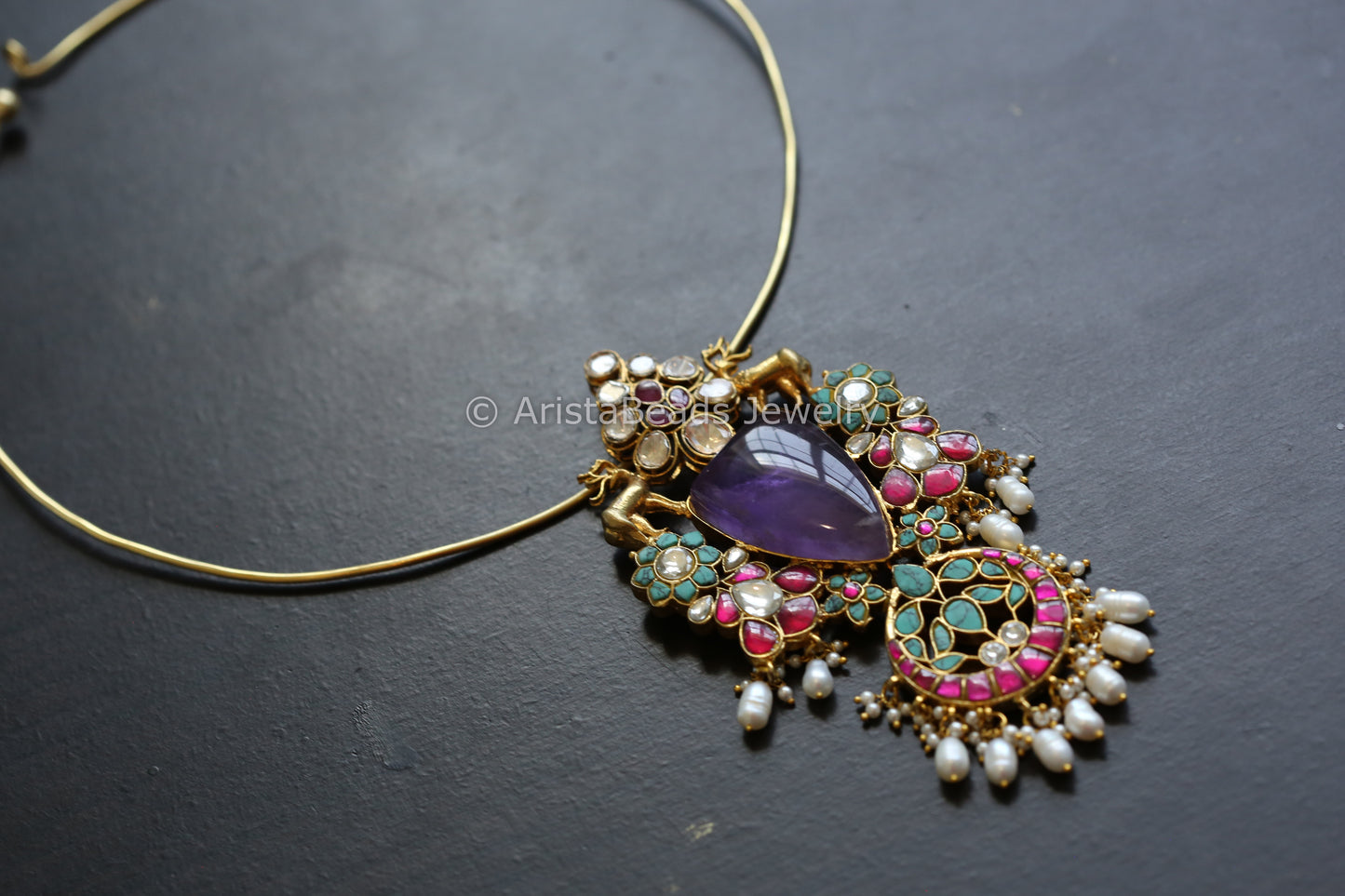 Real Moissanite Jadau Hasli Necklace (Removable) - Amethyst