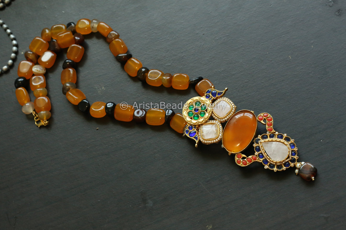 Kundan Jadau Fusion Necklace - Carnelian & Rose Quartz