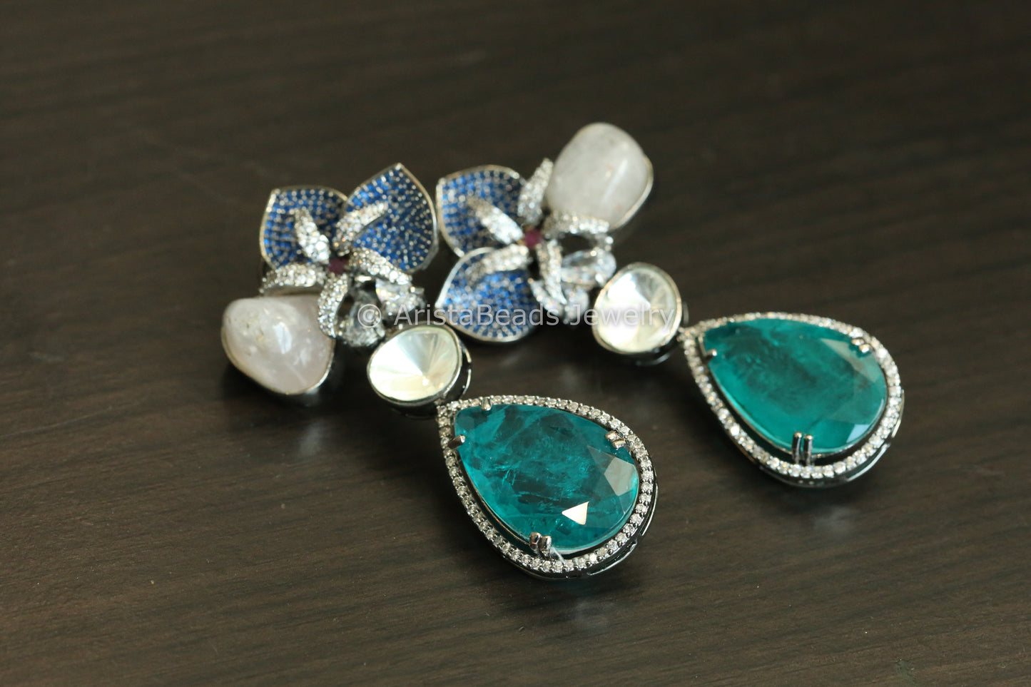 Designer Rose Quartz, Fine CZ & Polki Choker Set - Teal Blue