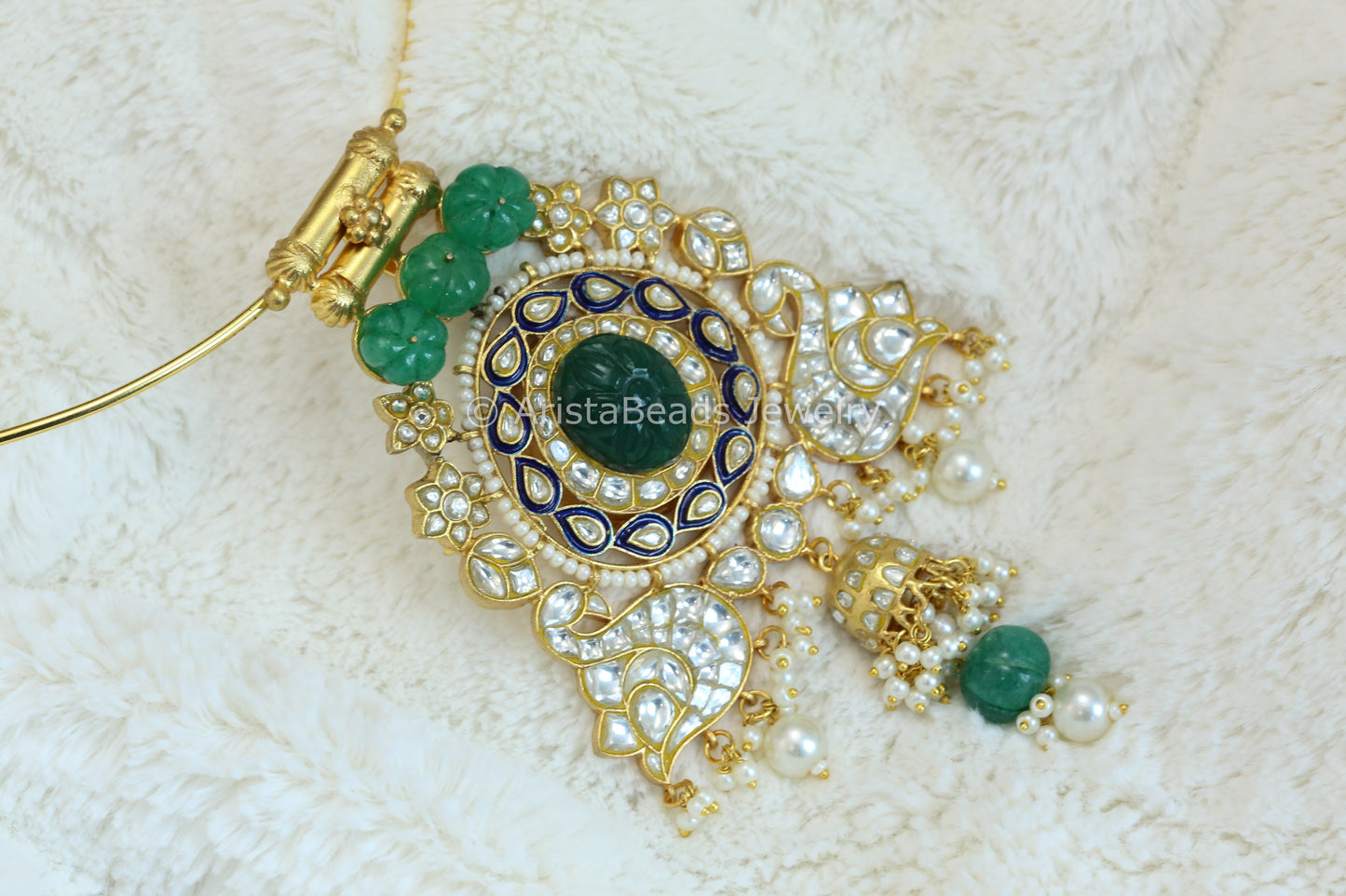 One Of A Kundan Jadau Enamel Hasli Necklace - Jade Stone