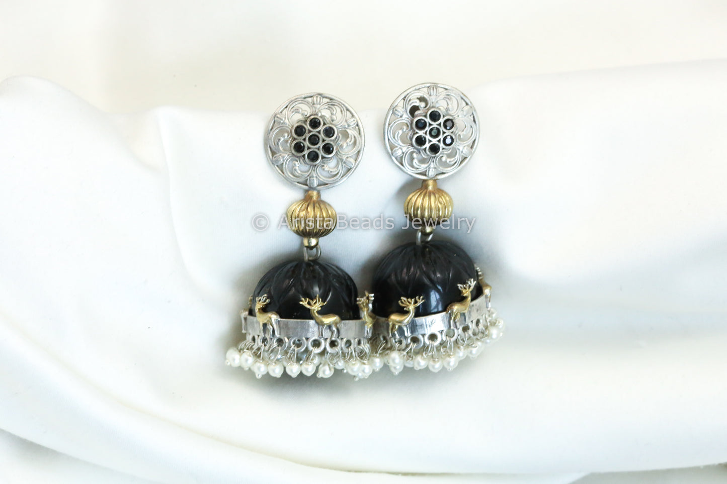 Dual Tone Stone Dome Jhumka- Black