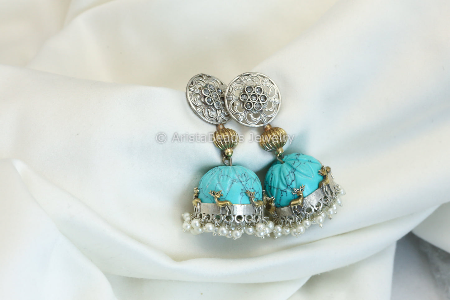 Dual Tone Stone Dome Jhumka-Turquoise