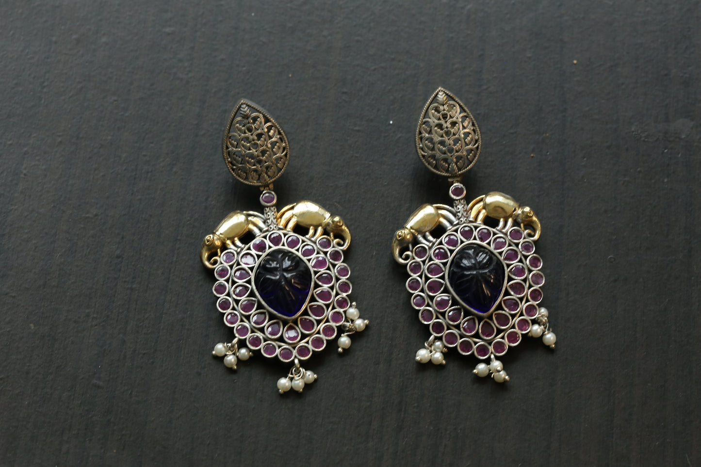 Carved Stone Dual Tone Earrings - Ruby Blue