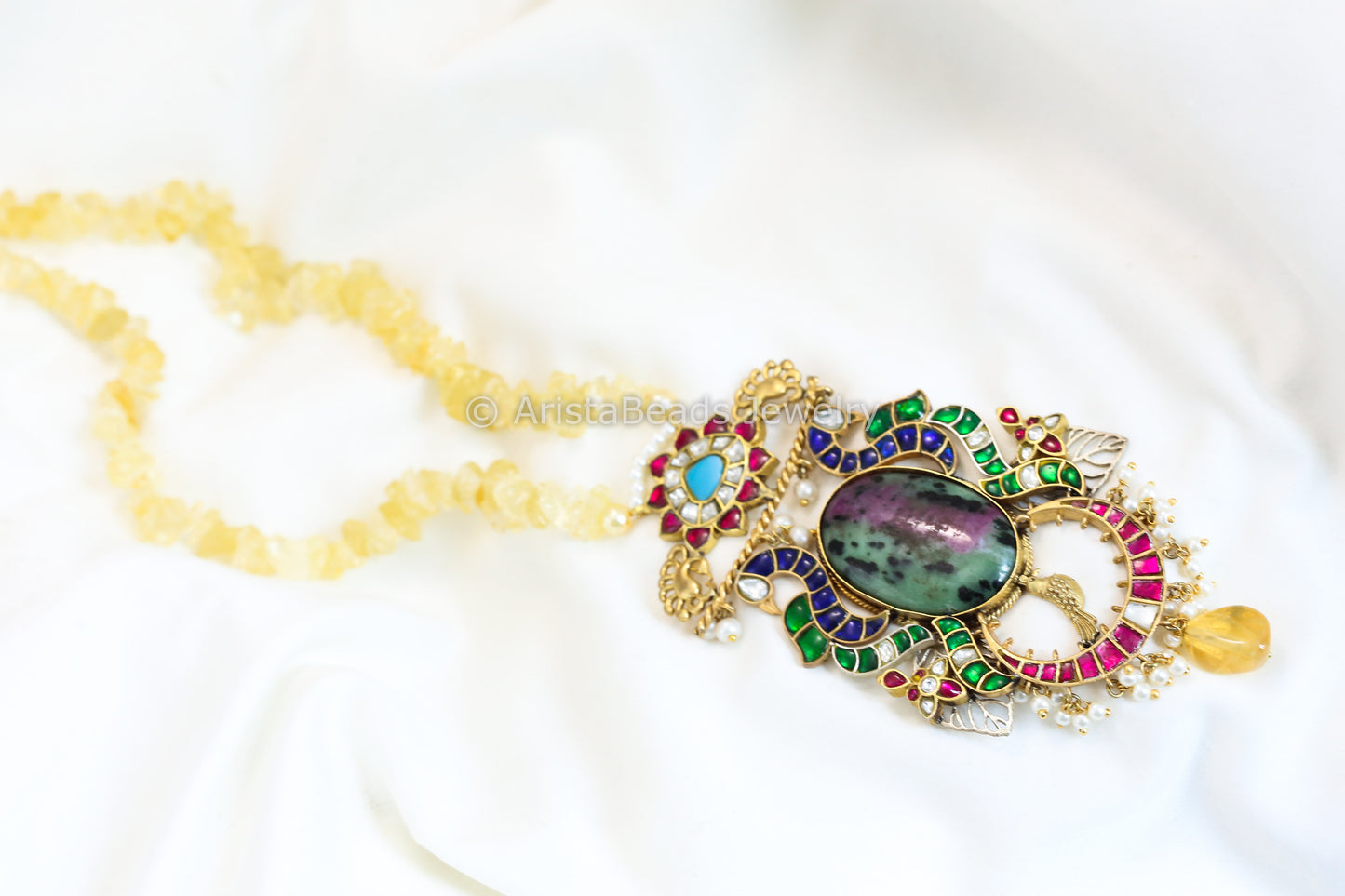 Kundan Jadau Fusion Necklace - Citrine Beads