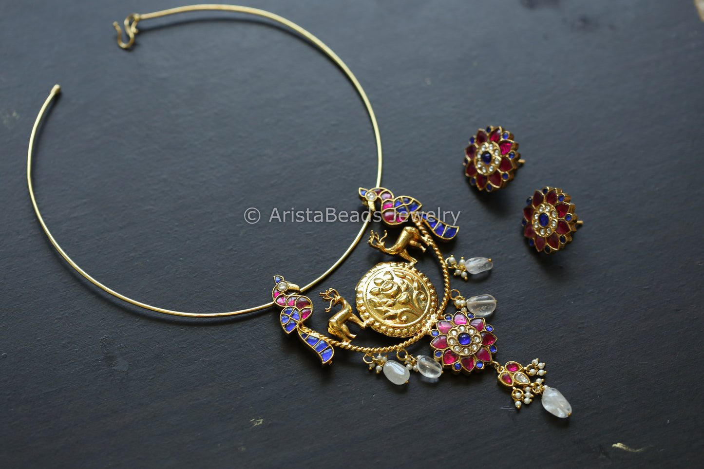 Fusion Real Jadau Hasli Necklace - Ruby Blue