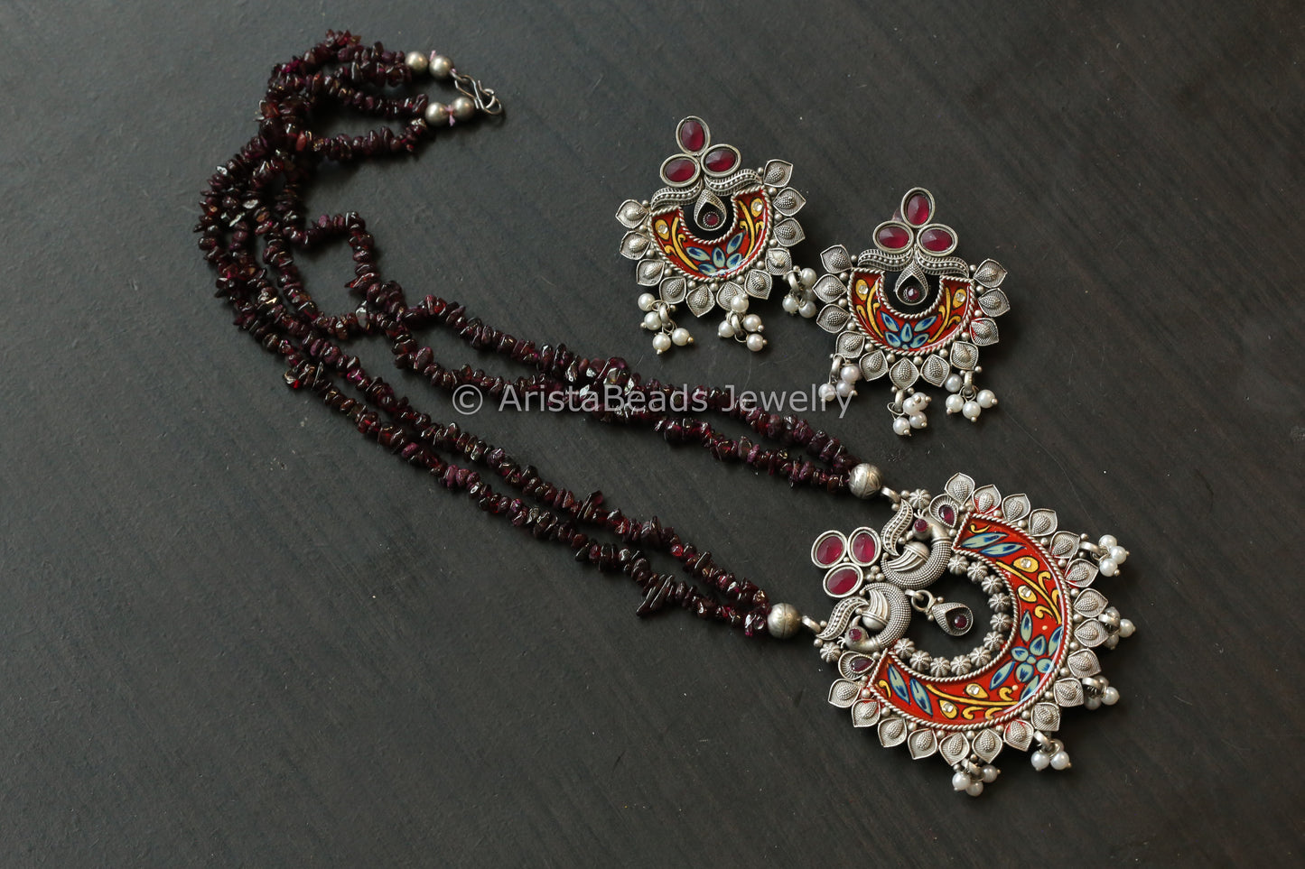 Enamel Oxidized Necklace Set - Garnet Beads
