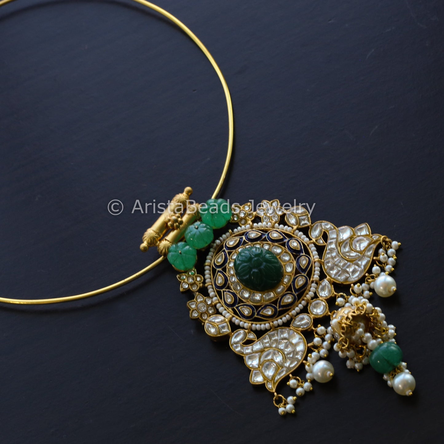 One Of A Kundan Jadau Enamel Hasli Necklace - Jade Stone