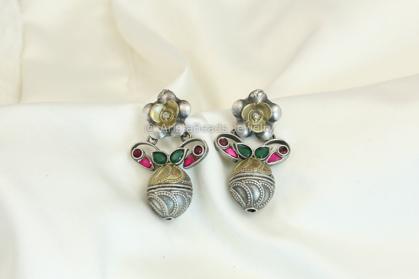 Karishma Dual Tone Earrings - Green Ruby