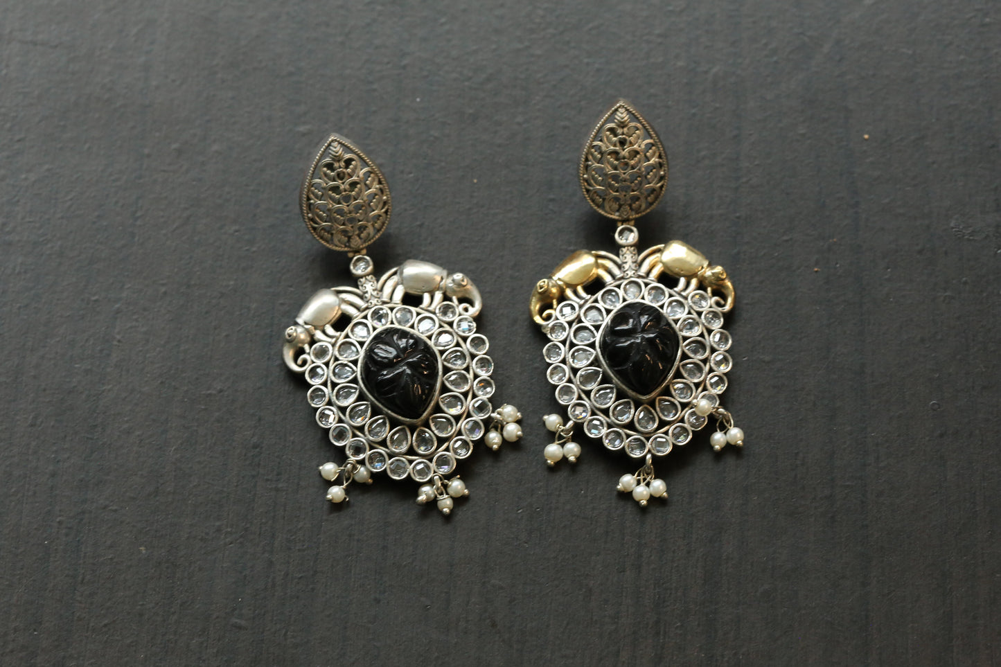 Carved Stone Dual Tone Earrings -Clear Black