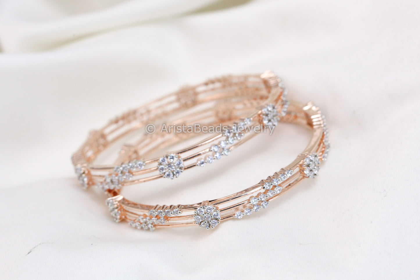 Rose Gold Finish Contemporary CZ Bangles Set (2.4 & 2.6)