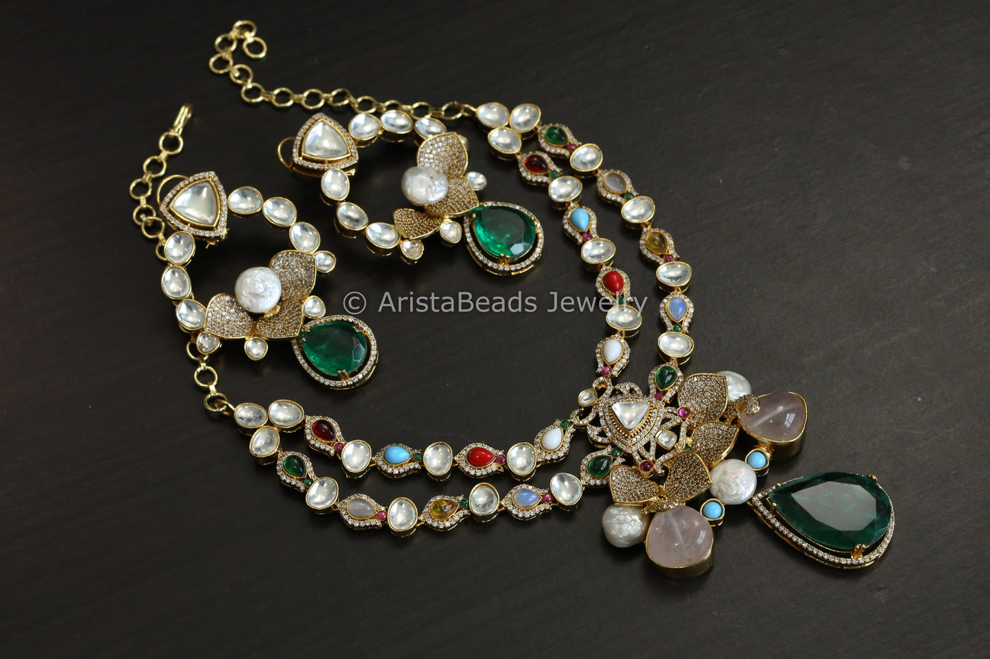 Designer Navaratan Stones, Fine CZ & Polki Necklace Set