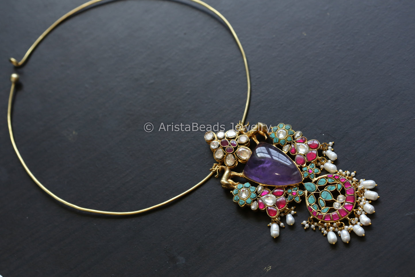Real Moissanite Jadau Hasli Necklace (Removable) - Amethyst