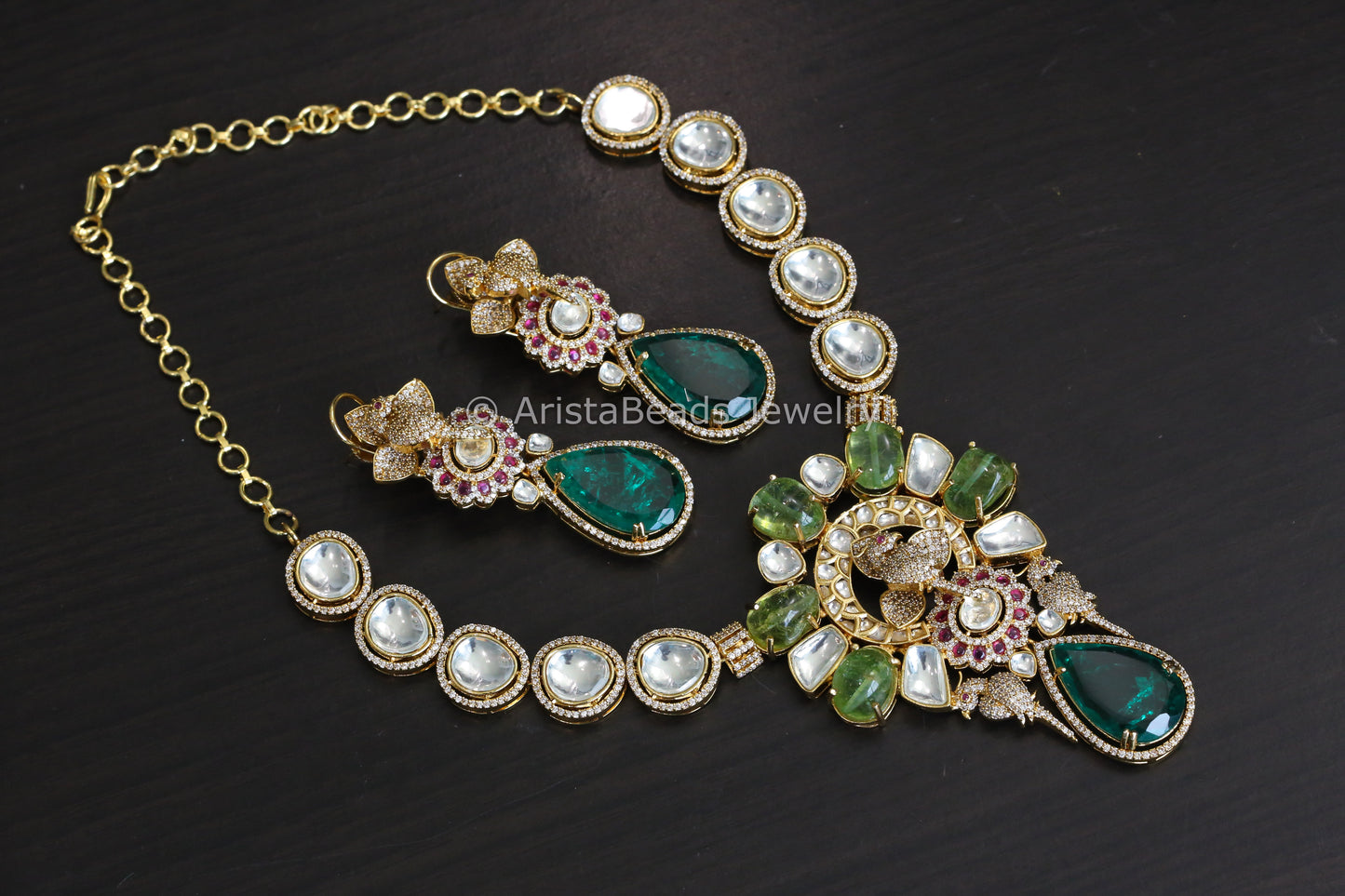 Designer Peridot, Fine CZ & Polki Necklace Set