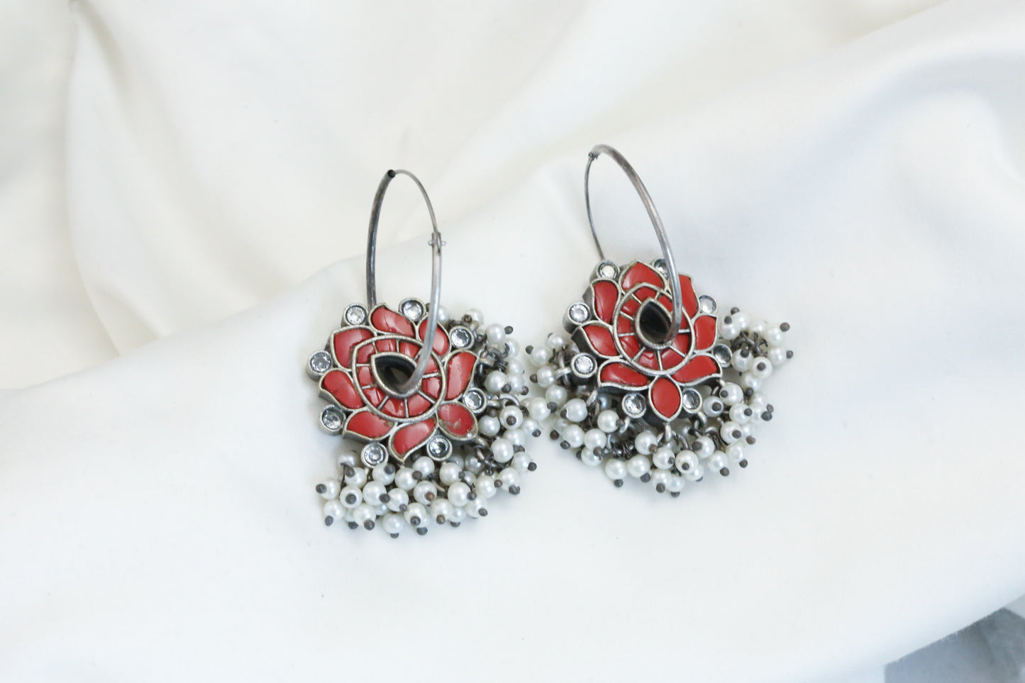 Jadau Kundan Hoops Earrings - Coral