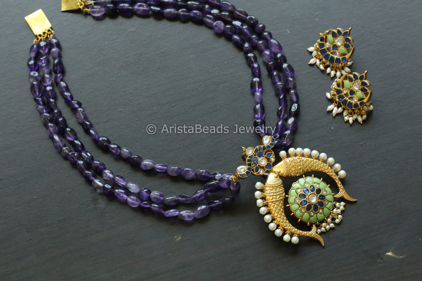 Designer Jadau Necklace Set In Amethyst Mala