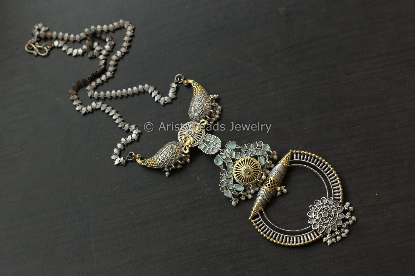 Long Dual Tone Brass Necklace  - Mint Pink