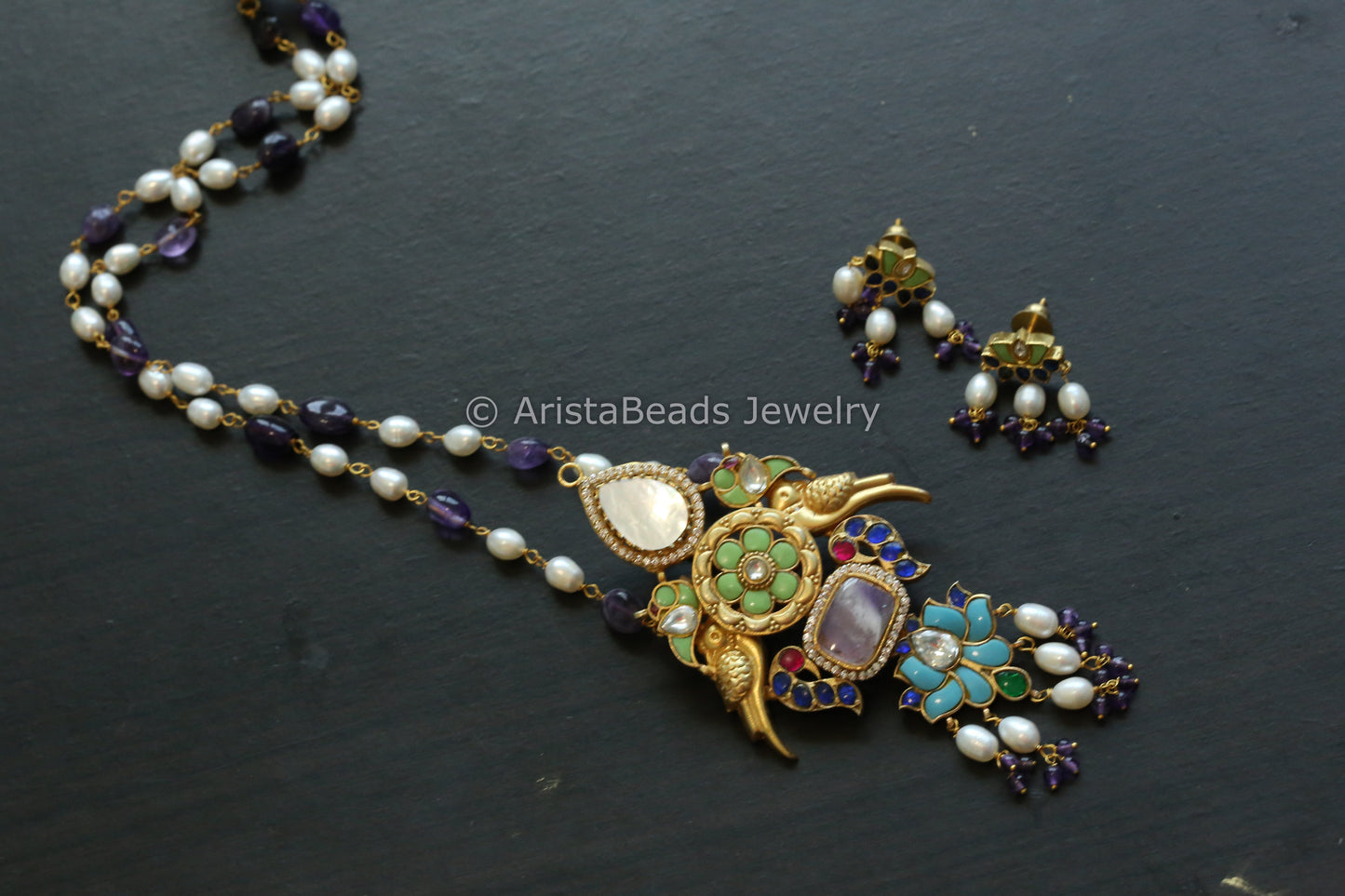 Amethyst Stone Fusion Jadau Necklace Set