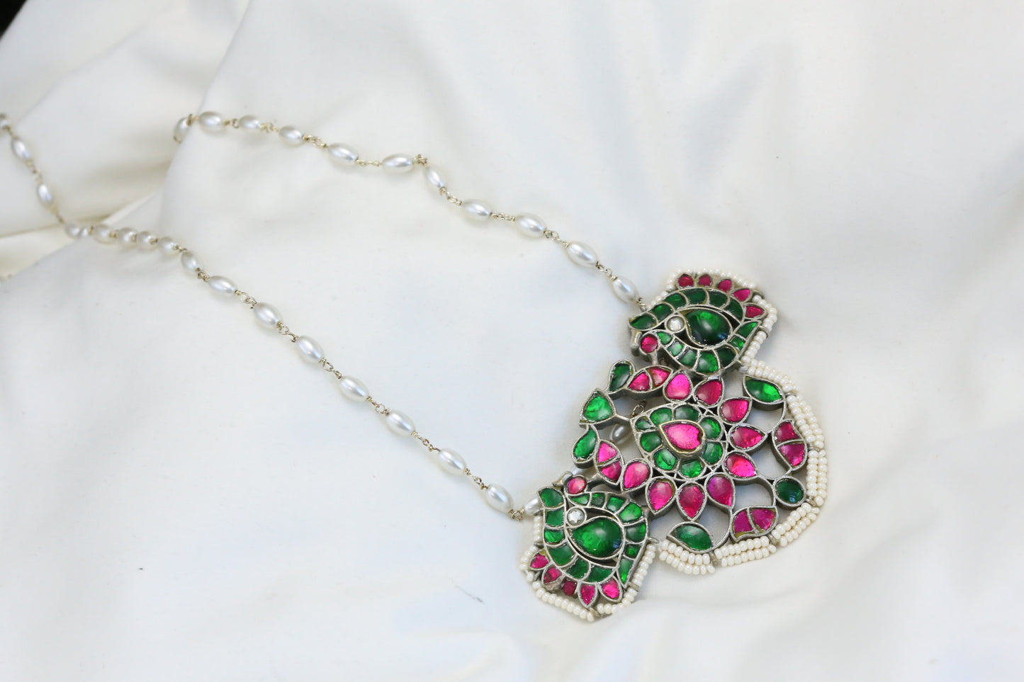 Jadau Kundan Silver Finish Necklace -Green Ruby