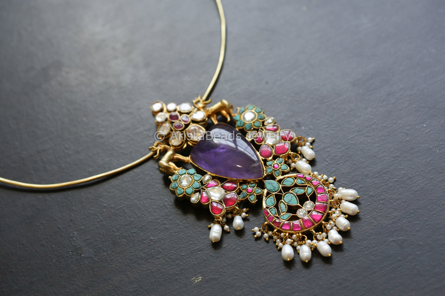 Real Moissanite Jadau Hasli Necklace (Removable) - Amethyst