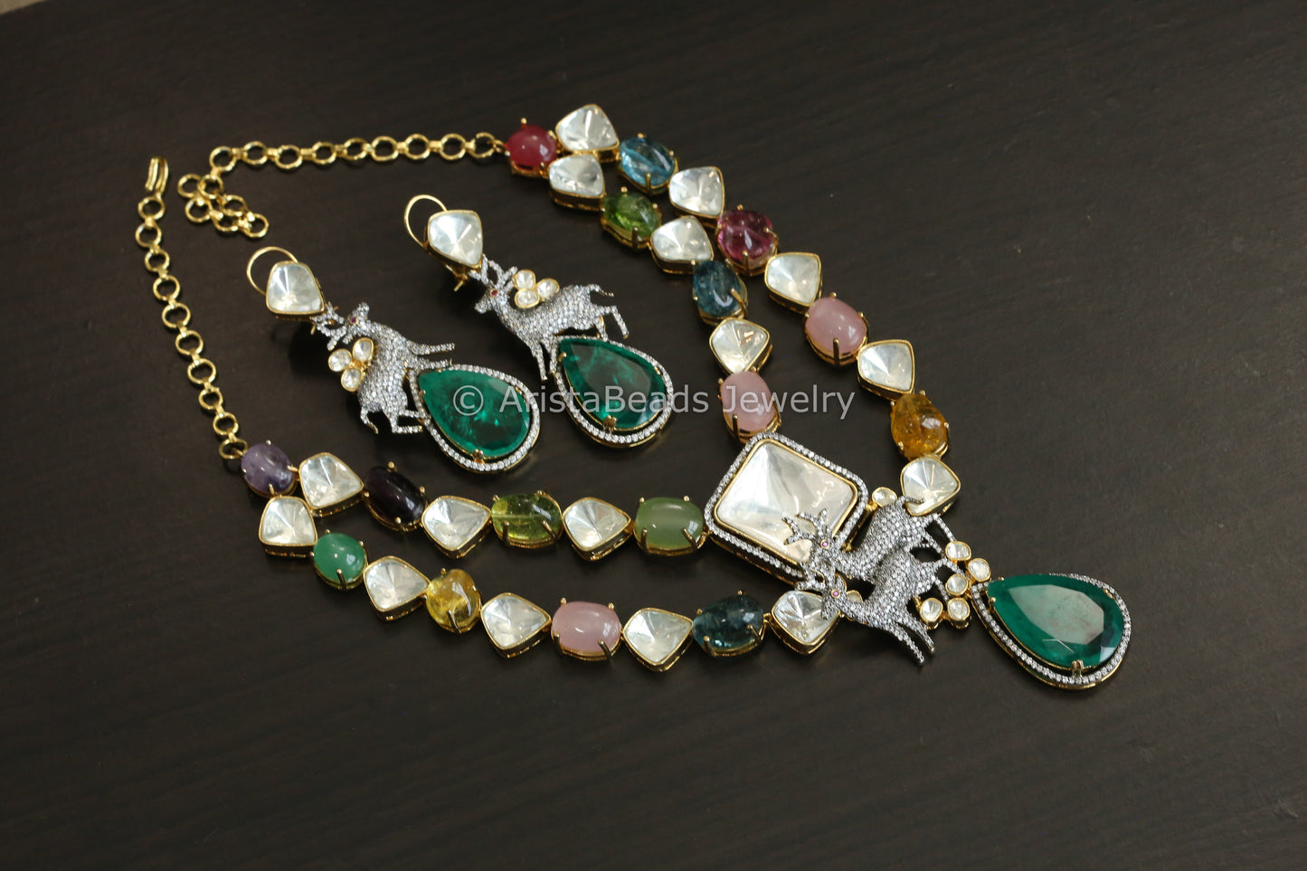 Designer Semiprecious Stones, Fine CZ & Polki Necklace Set