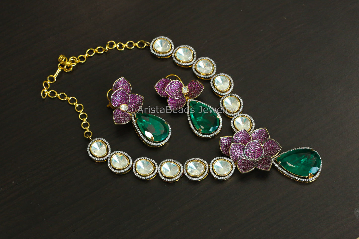 Designer Green Doublet, Fine CZ & Polki Necklace Set