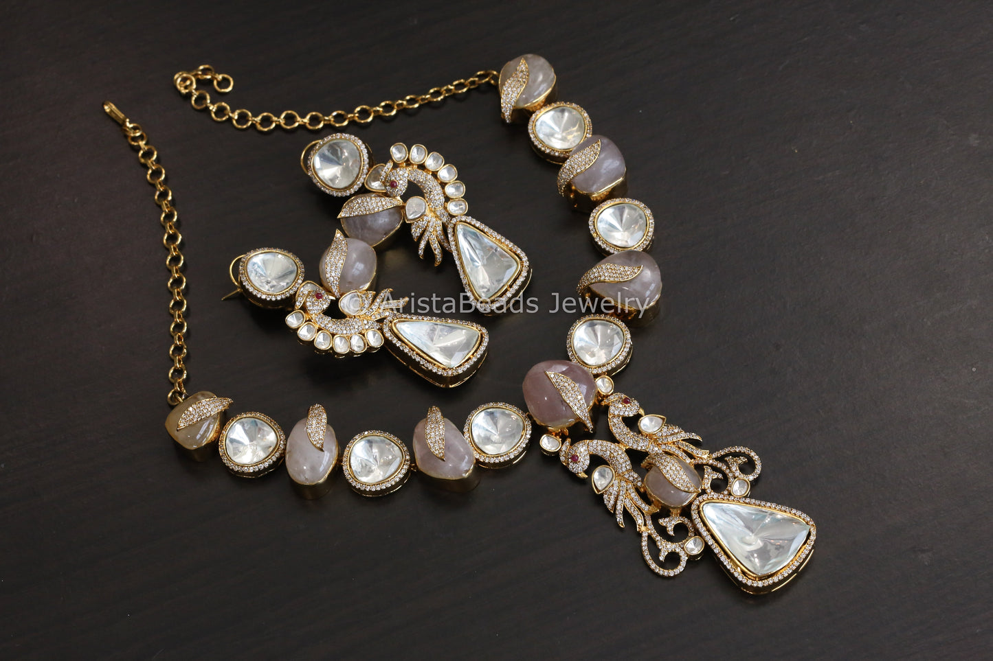 Designer Rose Quartz, Fine CZ & Polki Necklace Set