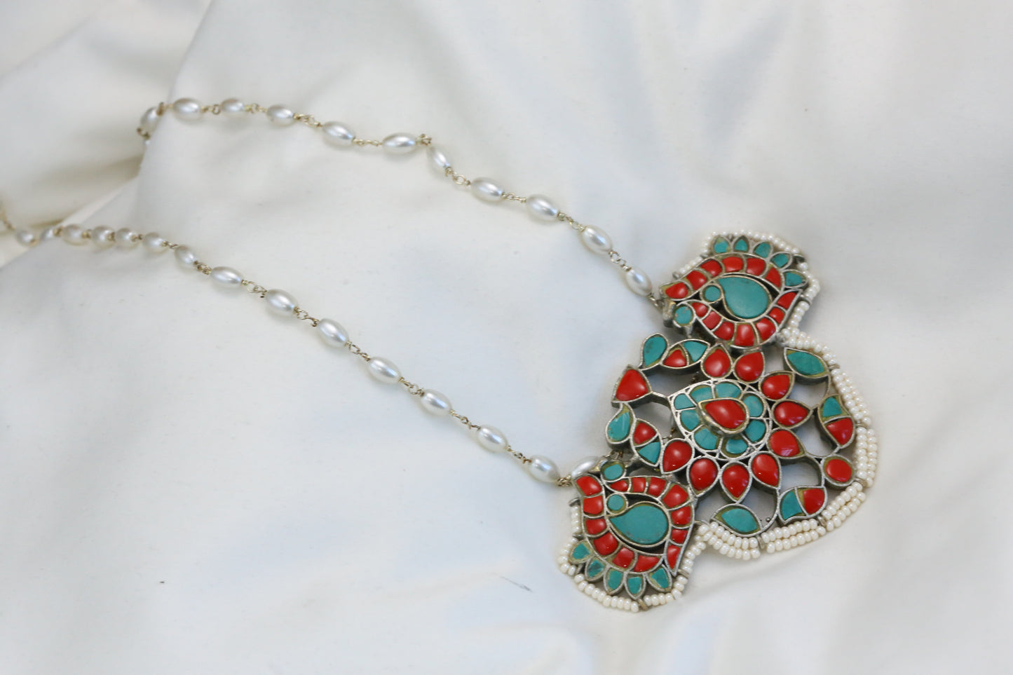 Jadau Kundan Silver Finish Necklace - Coral Turquoise