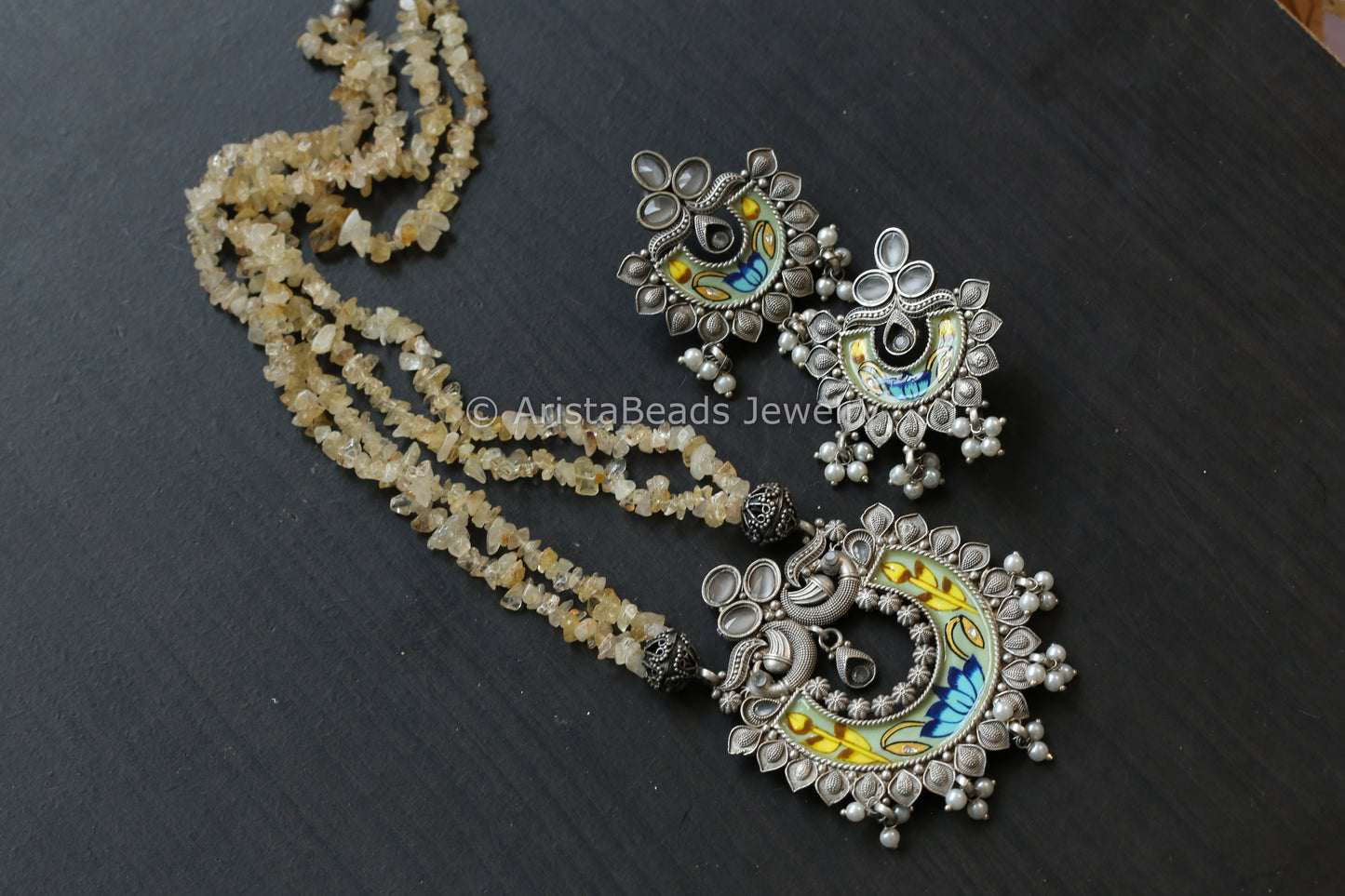 Enamel Oxidized Necklace Set - Citrine Beads