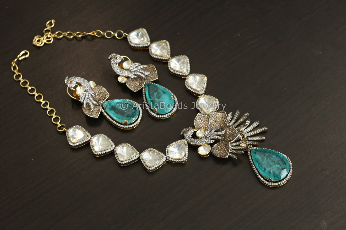 Designer Aqua Doublet, Fine CZ & Polki Necklace Set