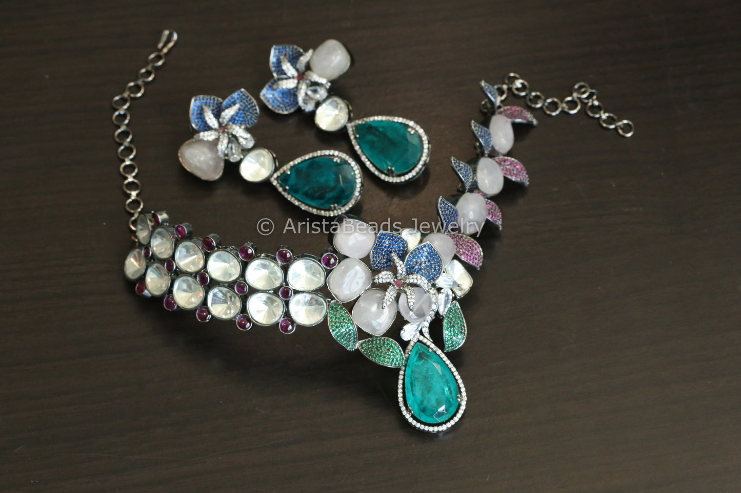 Designer Rose Quartz, Fine CZ & Polki Choker Set - Teal Blue