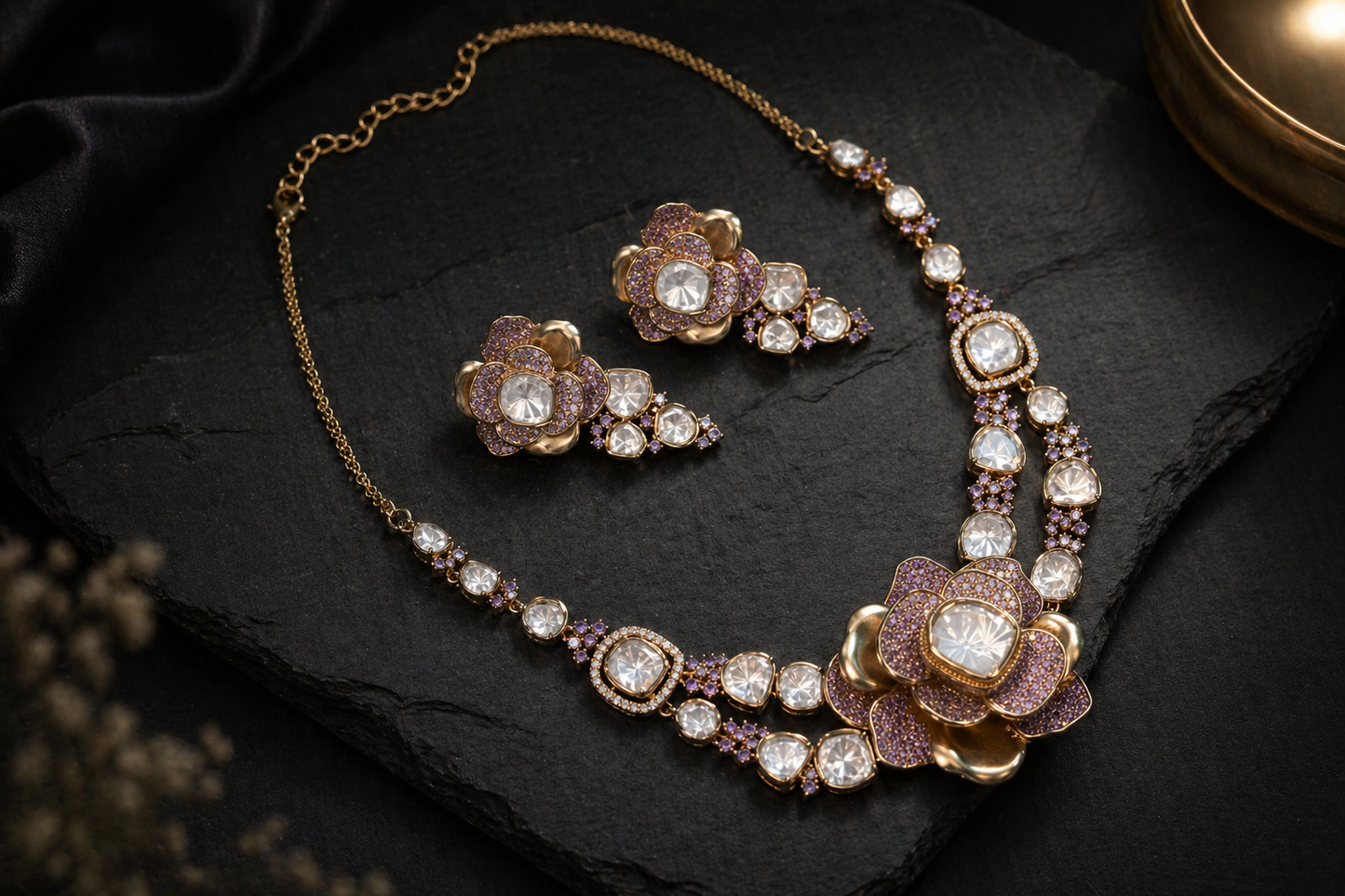 Contemporary 3D Look CZ & Polki Set Necklace Set - Lavender