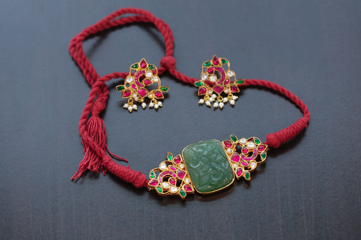 Jadau Kundan Choker Set - Carved Aventurine