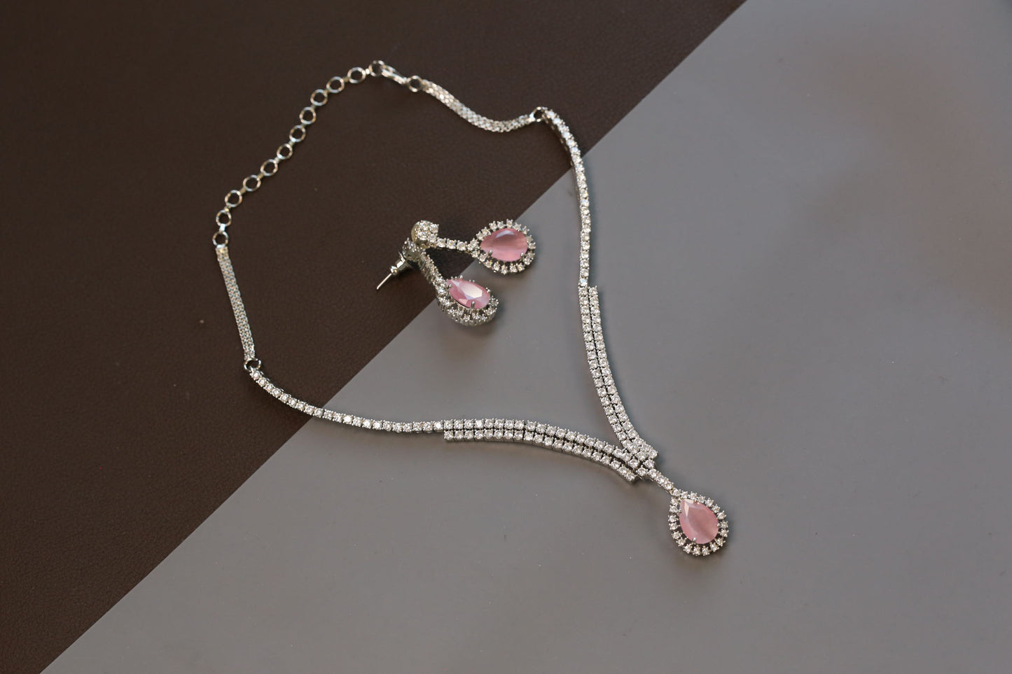 Dainty Solitaire Necklace Set - Pink
