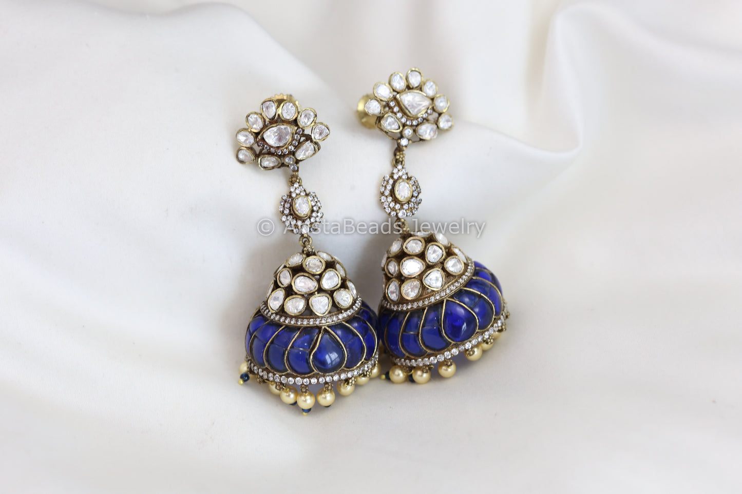 Real Moissanite Victorian Jhumka - Blue Kundan