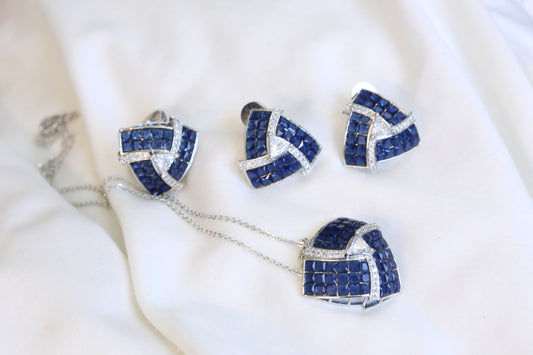 Invisible Stone Setting Necklace Set - Blue