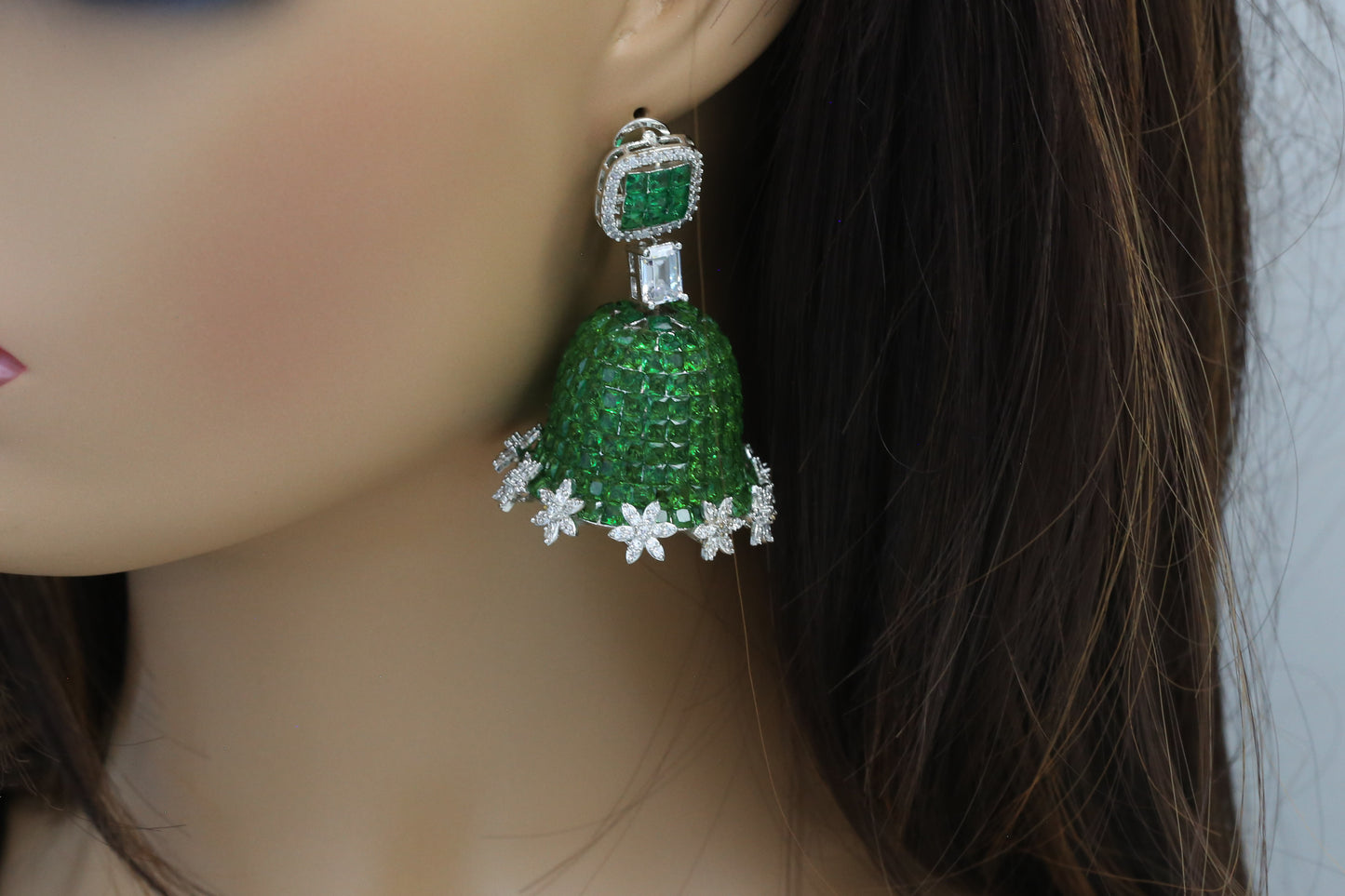 Green Invisible Setting Jhumka - Large Size