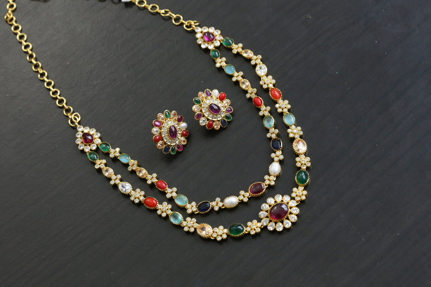 2 Line Navratan Necklace Set