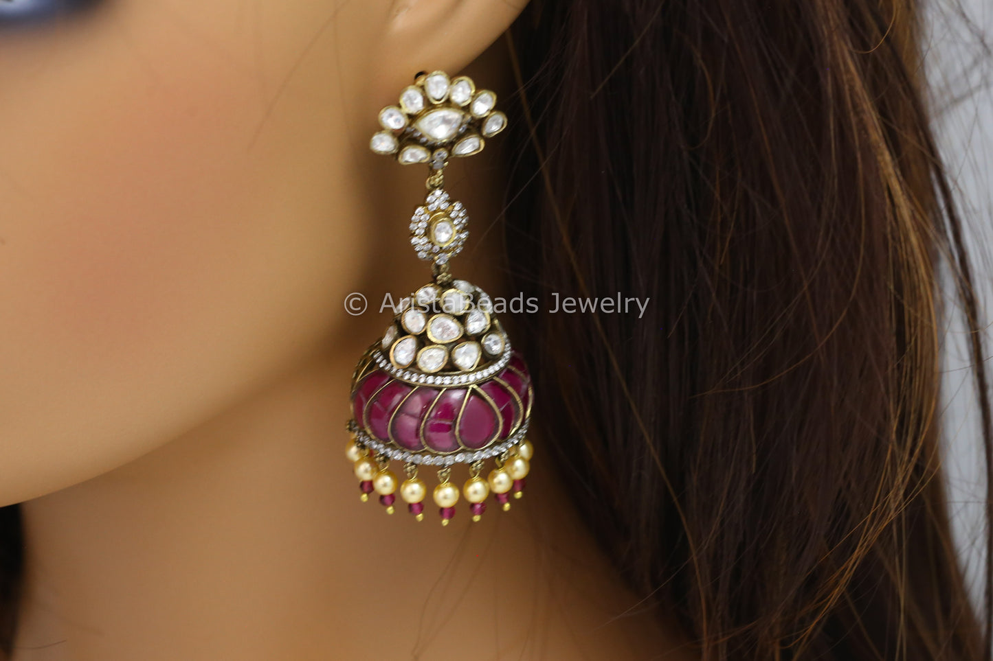 Real Moissanite Victorian Jhumka - Ruby Kundan