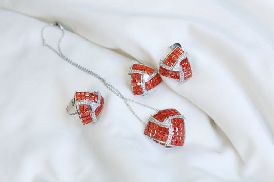 Invisible Stone Setting Necklace Set - Orange