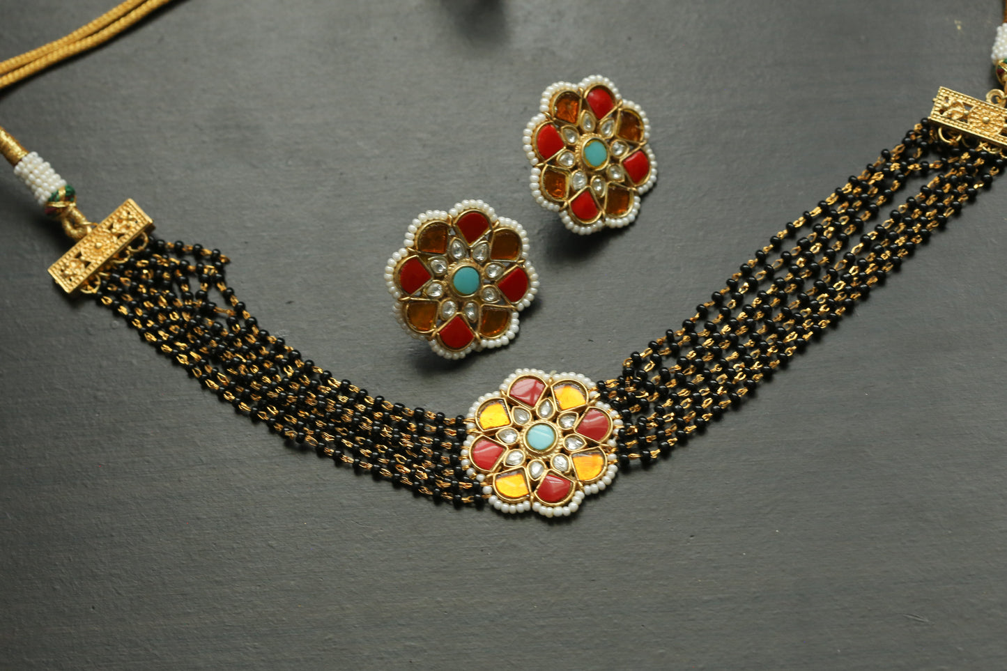 Black Bead Jadau Necklace Set - Coral Yellow Turquoise