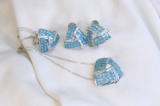 Invisible Stone Setting Necklace Set -Light Blue