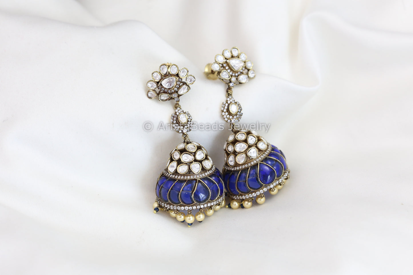 Real Moissanite Victorian Jhumka - Blue Kundan