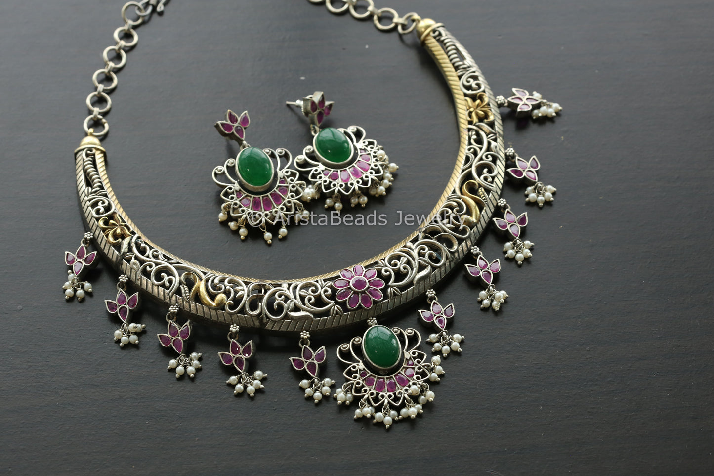 Dual Tone Hasli Necklace Set - Ruby
