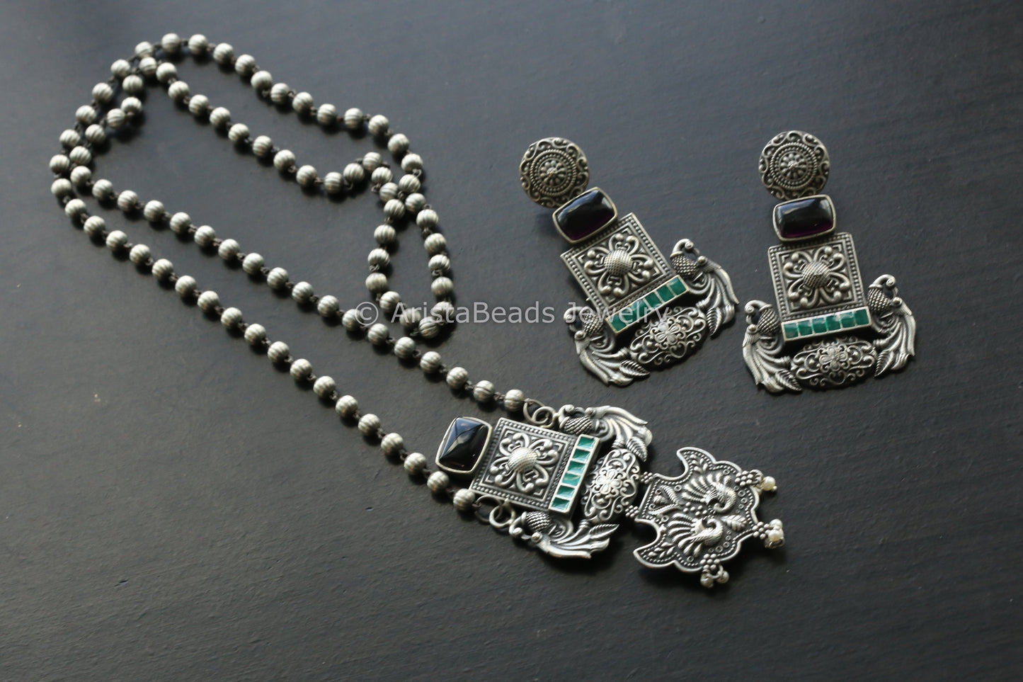 Oxidized Enamel Necklace Set - Red Stone